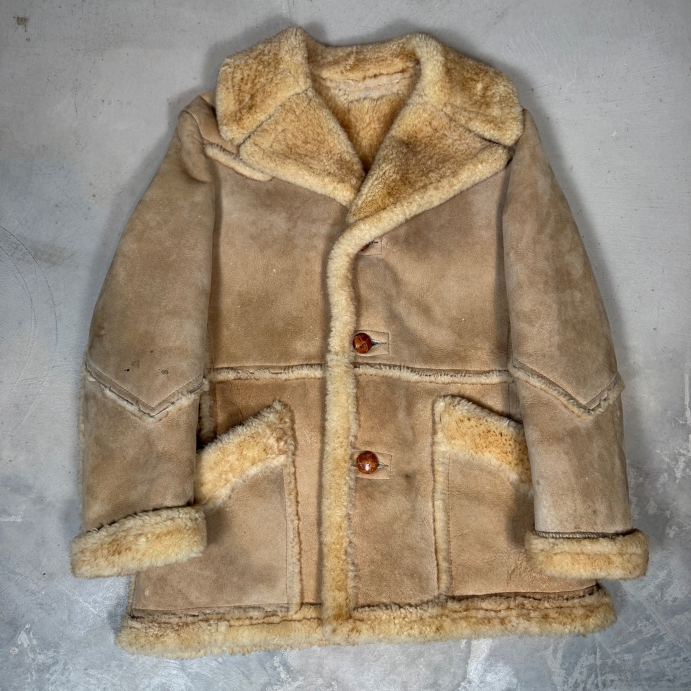 vtg Berman's Genuine Sheepskin Shearling Coat Tan Suede Western Jacket Unisex 42